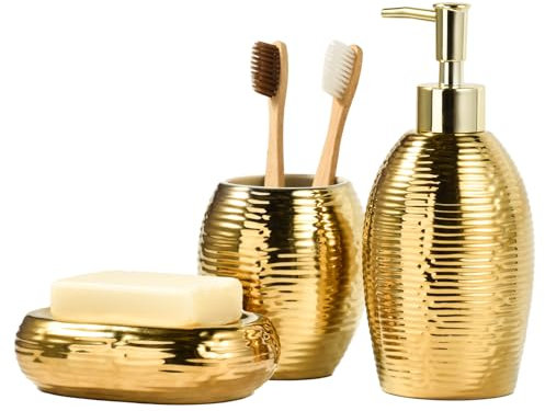 Set di 3 dispenser di sapone in ceramica, set di accessori per il bagno, portasapone e tazza di lusso (strisce)