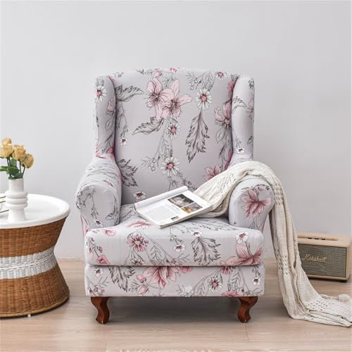 Highdi 2-Teilig Ohrensessel Überzug Sessel-Überwürfe Ohrensessel Mode Blume Drucken Schonbezüge Bezug Sesselhusse Strandmon Tiger Stuhlbezug mit Armlehne Hohe Rückenlehne (rosa Blumen)