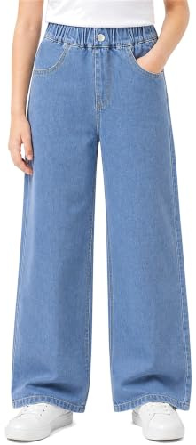 FILOWA Jeans Ragazze Lunghi Denim Pantaloni con Vita Elastica, 6-14 Anni | Bambina Baggy Jean, Stretch Gamba Larga Denim Pants con Tasche, Larghi Casual Blu Pantaloni, Moda Streetwear Bambine