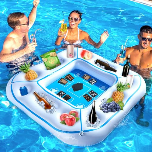 Large Floating Pool Games Table with Waterproof Playing Cards Pool Accessories Hot Tub Tray Card Table Tray Inflatable Food Drink Holder Cooler Containers for Beach Summer Party Indoor Outdoor