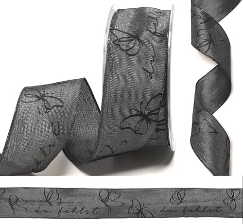 s.dekoda Schleifenband Trauer 20m x 40mm Anthrazit - du fehlst - Schmetterling Dekoband Trauerband [D1493]