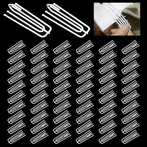 WWYSSZ 60 Piezas Ganchos para Cortinas, Ganchos de Cortina de Acero Inoxidable con 4 Dientes, Gancho Cortina Riel de Metal, para Hacer Pliegues, para Cortina de Ventana,de Puerta,de Ducha (Blanco)