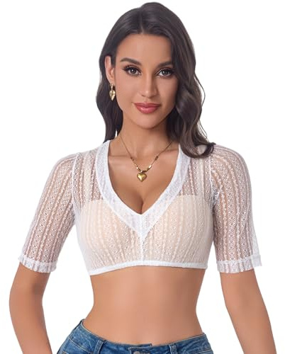 Adisno Dirndl blus dam, Dirndlblus, Dirndlblus spets, Dirndlblus damer spets, Dirndlblusar med elegant V-ringad och sexig spets, vit, Vit, 40