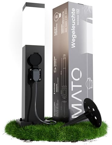 MATO Wegeleuchte mit Steckdose - inkl. Erdspieß, E27 Fassung, Höhe 50 cm - Outdoor Pollerleuchte aus Edelstahl IP44 - Wegleuchte, Sockelleuchte, Standleuchte, Wegeleuchten außen Strom