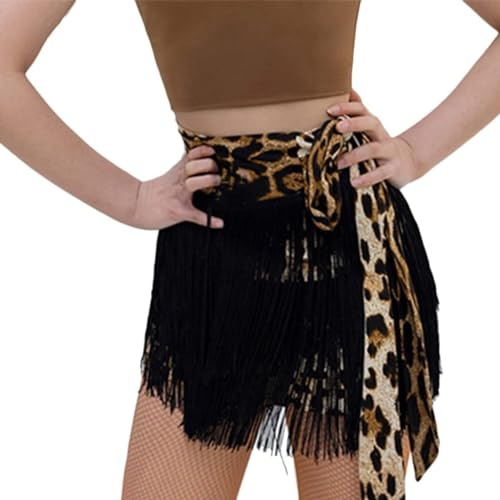 Gonna per danza del ventre con frange per danza del tango latino, rumba, tè, samba, sala da ballo, Leopardo+nero, Taglia Unica