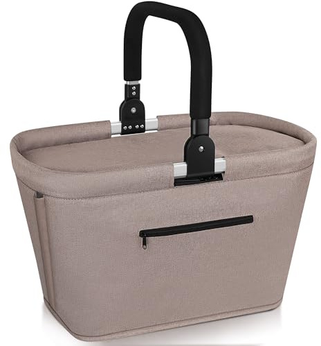 Anhow 35 l kylväska shoppingkorg vikbar med 2 stödstänger, stor isolerad kylkorg med aluminiumhandtag vattenavvisande praktisk bärkorg för resor picknick shopping present – kaki