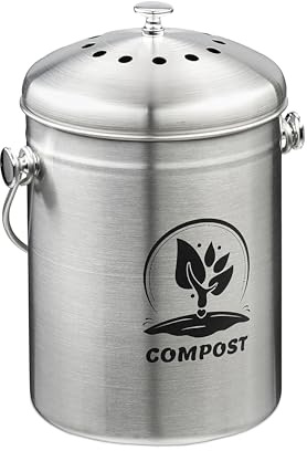 Relaxdays Pattumiera da Cucina Umido, Cestino Organico 5 L, Secchio Rifiuti Compost, Filtro Odori, Acciaio Inox, Grigio