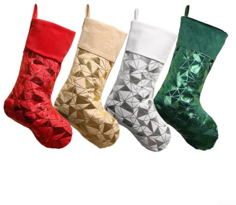 GLFLOW Festliche Weihnachtsstrümpfe, groß, 50,3 cm, schickes geometrisches Muster, Samt, Urlaubsdekoration mit Aufhängeschlaufen, Gold, Silber, Rot, Grün, 4 Stück