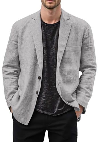 DFEK Linen Blazer Mens Leisure Suit Jacket Two Button Lightweight Sports Coats Loose Fit Business Office Blazers Notch Lapels Versatile Suit Jackets with Pocket(Grey,4XL)