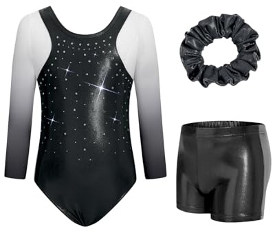JiAmy Justaucorps de gymnastique scintillant pour filles à manches 3/4 – Combinaisons avec short – Biketards de danse pour 3 à 12 ans, noir, 11-12 ans