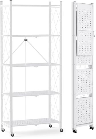 ALANNG Klappregal mit Rädern - Standregal mit 5 Ablagen, Bücherregal aus Metall - Montagefrei & Stabil - Für Küche, Wohnzimmer, Keller, Büro - Weiß