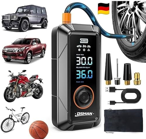 Kabelloser Reifenfüller mit Digitalem LCD – Tragbarer Luftkompressor für Auto, Fahrrad & Sportbälle – Schnelles Aufpumpen, LED-Notlicht, USB-Ausgang, Wiederaufladbar