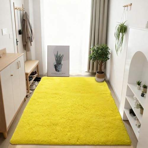 GOUER Teppich Wohnzimmer Schlafzimmer 160 x 300 cm Weich Und Flauschig Rutschfester Hochflorteppich Pflegeleicht Und Einfarbig für Schlafzimmer Kinderzimmer, Bettvorleger Matte, Gelb