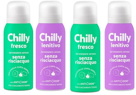 Chilly Set di 4 Detergenti Intimi Senza Risciacquo Fresco e Lenitivo, Mousse Spray da Borsetta, Formula No-Rinse, Azione Anti-Odore, per Igiene Quotidiana, Viaggi, Ufficio, Sport, 100ml