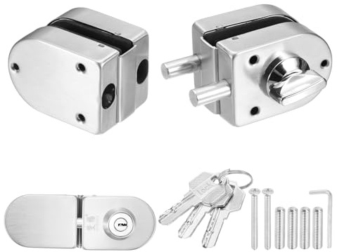 PATIKIL Verrou Pour Porte En Verre, 304 Acier Inoxydable Verrou Sans Cadre Pour Porte Verre Double Battant Pour Épaisseur 10-12mm Verrouillable À L'Intérieur Avec 3 Clés Pour Hôtel, Argent