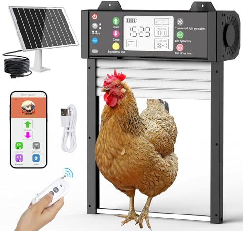 Richday automatische Hühnerklappe mit Solar, TUYA App-Fernsteuerung, Echtzeit-Status, WLAN-Autoreconnect, Lichtsensor & Timer, intelligenter Einklemmschutz, LCD-Anzeige