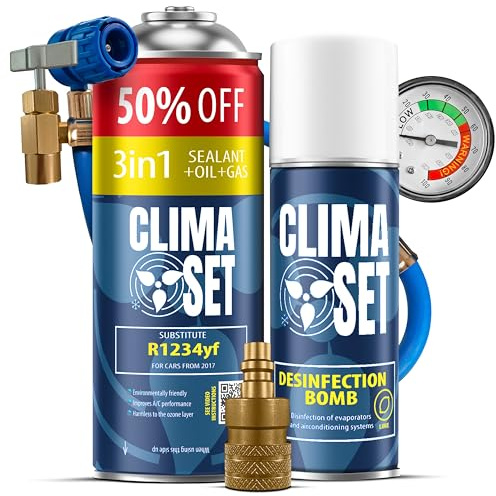 ClimaSet – 3-i-1 R-1234yf köldmedium, olja, tätningsmedel XL & luftkonditioneringsrengöringsmedel för bilar & slang med adapter Az – Luftkonditionering Självpåfyllningsset – Bilklimat Påfyllning –235g