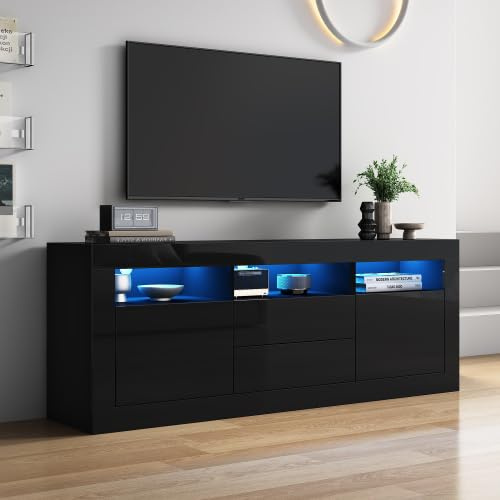 Merax Meuble TV de 160 cm avec éclairage LED, meuble TV brillant pour téléviseur de 70, tiroirs push-to-open, 3 compartiments ouverts et commande de musique, contrôle par application intelligente