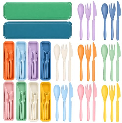 CAIYUANGUANGJIN 16 Set Reusable Plastic Cutlery Set with Case, Portable Travel Utensils Set with Forks Spoons Knives, Lightweight Camping Cutlery for Lunch Office School Picnic (8 Pastel Colours)