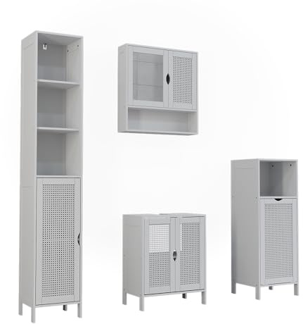 Vicco Conjunto de Muebles de baño Liora, Blanco, 48 cm, Compuesto por Mueble bajo Lavabo, Espejo, Columna Alta y Columna Media