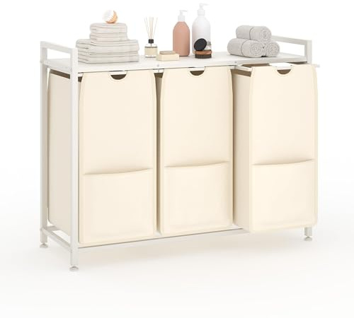 Virimolo Wäschekorb 3 Fächer Weiß, Wäschesammler mit Ablage, Wäschebox Metall & MDF 92,5x33x72 cm, Schmutzwäschebehälter Ausziehbar, Wäschesortierer