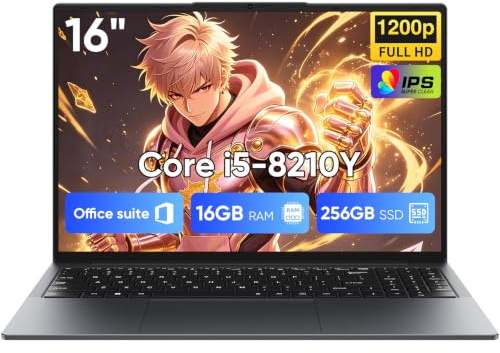 16 Ordinateur Portable Gamer-Core i5-8210Y(Jusqu'à 3,6 GHz),16GB RAM,256GB SSD,WIN 11 FHD 1920x1200 16:10,Clavier rétroéclairé Wi-FI5 BT5.0,USB-A,HDMI,RJ45 Film Silicone AZERTY 44Wh (7.6V/5800MA)