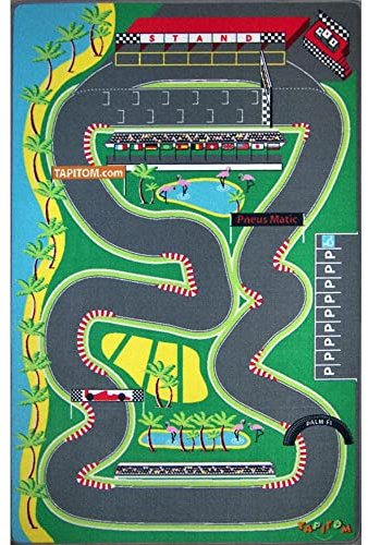 TAPITOM® | Kinder-Rennwagenmatte - 130 x 200 cm | Große Spielmatte mit F1-Straße | Fußmatten für Kinderzimmer, F1-Schaltungsdekoration | rutschfest, Saum | CE-Normen