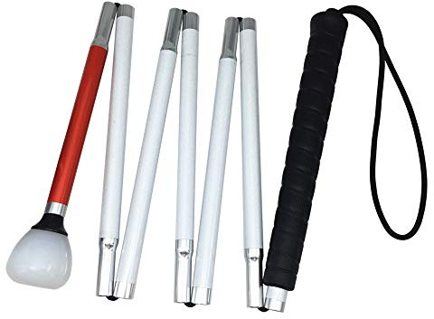 Aluminio Baston Blanco Plegable en 7 Secciones para Ciegos y Baja Vision (Mango de Negro, 130 cm (51.2 Pulgada))