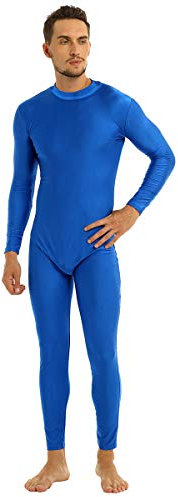 dPois Herren Jumpsuit Lang Overall Langarm Ganzkörperanzug Bodysuit mit Stehkragen Zipper Sport Body Gymnastikanzug Stretch Blau Medium