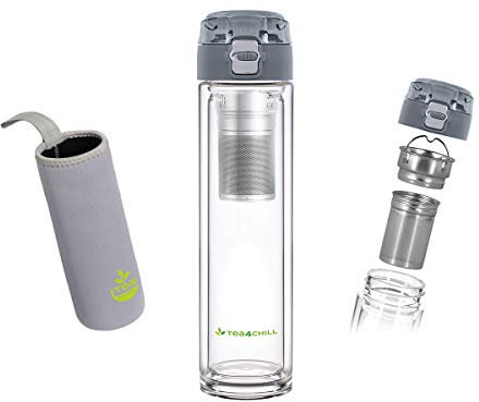 Teeflasche mit Sieb to go, Trinkflasche aus Glas, doppelwandig, Neopren-Hülle, anthrazit