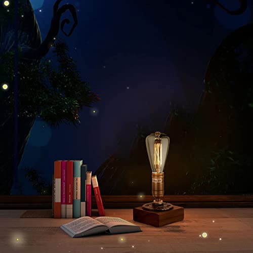 JINYU Vintage verwitterte Holz Tischlampe,Holzsockel Retro Industrial Steampunk Iron Pipe Schreibtisch Licht für Bett,Schlafzimmer Wohnzimmer,Esszimmer,Cafe Bar,Studio,Flur,Haus Dekor,E14 220V