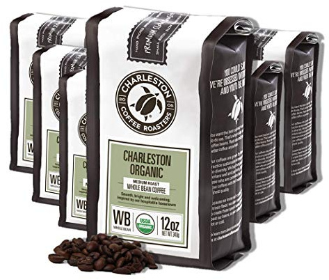 Charleston Coffee Roasters | Specialty Organic Whole Bean Coffee | Hand Picked, Premium Slow Roast | (Charleston Organic, Medium Roast) 12oz, 6 Pack