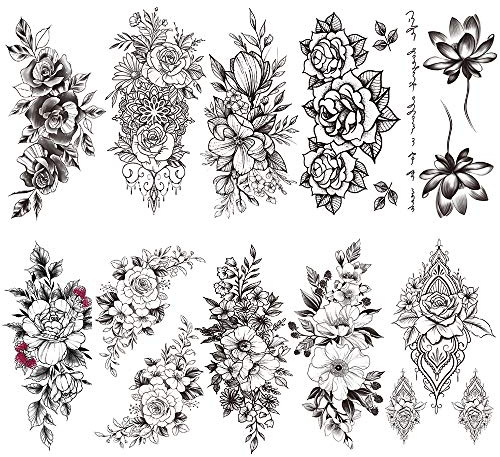 Yesallwas 10 Sheets Black Flower Tattoo Sleeves Temporary Tattoo Water Transfer Tattoo Sticker Peony Rose Tattoos Tattoo Arm Tatto Body Art -4.5x8.26inches (LxW)