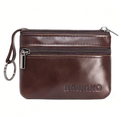 BAWAKO Monedero de Piel Auténtica para Hombre y Mujer - Mini Cartera con Dos Compartimentos, Cremallera, Llavero (Marron Oscuro, W7/L10)