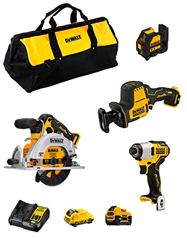 DeWALT Kit D12K405 (DCS512 + DCS312 + DCF801 + DCE088 + 1 batterie 3,0 Ah + 1 batterie 5,0 Ah + ladegerät + Tasche)