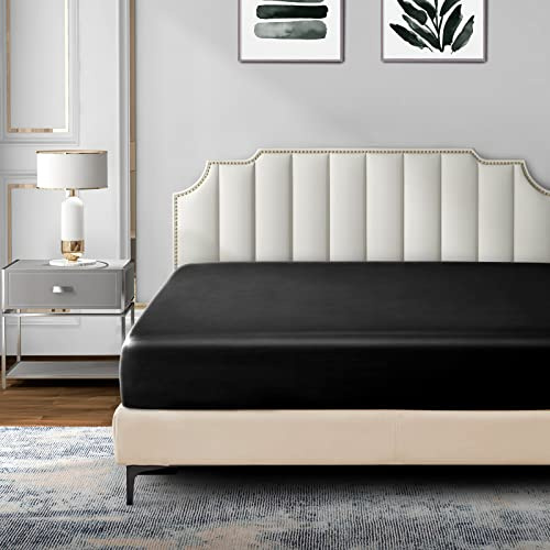 P Pothuiny Satin Fitted Sheet King Size, 1 Single Fitted Sheet Only, Extra Soft Deep Pocket Bottom Bed Sheets Mattress Cover Fits 12 to 16, Wrinkle Free, Fully Elasticized (Black)
