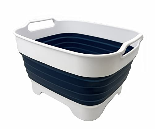 SAMMART Sartén plegable de 7,5 l con tapón de drenaje, lavabo plegable, bañera portátil para lavar platos, bañera de almacenamiento de cocina que ahorra espacio (blanco/índigo)