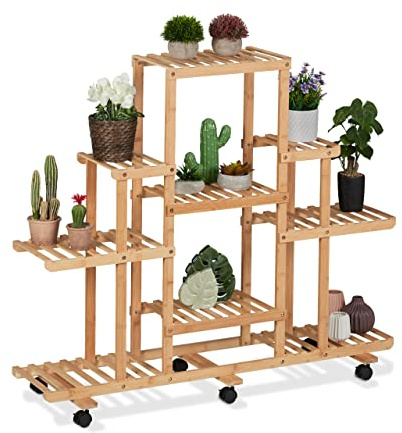 Relaxdays Etagère à Plantes en Bambou, 9 étages, escalier à Fleurs avec Roulette, HxPxL : 103 x 120 x 35x5 cm, Naturel