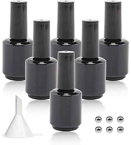 Empty Gel Nail Polish Bottles, 15ML Empty Nail Polish Bottles with Brush Matte Black, Opaque Round Refillable Fingernail Polish Bottles UV Safe with Mixing Balls & Funnels, Pack of 6 (Glossy Black)