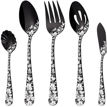 Stapava Serving Utensils Set Black, 5-Piece Large Hostess Set, Stainless Steel Flatware Serving Set, Ideal for Buffet Catering Party, Mirror Polished, Dishwasher Safe