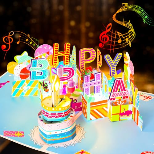 ZOEDO 3D Musical Birthday Pop Up Card, Blow Out LED Light Candle & Music Happy Birthday Card Birthday Greeting Cards with Blank Note Card and Envelope for Kid Husband, Men, Women, Mom