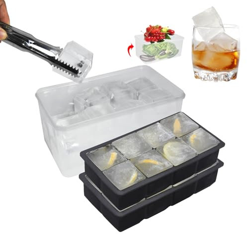 Silicone Extra Large Ice Cube Tray with Ice Cube Storage Container, Jumbo Ice Tray for Freezer, Ice Box Perfect for Storage Ice Cubes (2 Ice Trays & Ice Bin & Ice Tong)