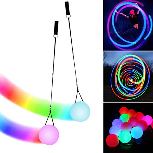 2 stycken LED-Poi-bollar, Poi-Ball set LED Glow Poi-kulor med regnbågsfärger och strobeeffekt, förbättrade för nybörjare och proffs POI jongleringsbollar, med justerbara dubbla slingor linne