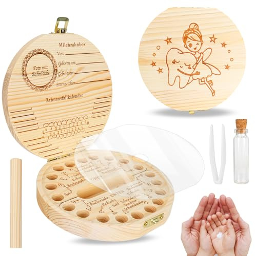 GUBOOM Caja de Dientes de Leche de Madera - Guardar Dientes para Niños y Niñas - Caja Para Dientes Regalos De Bebé - Recuerdo de Bebé (Alemán)