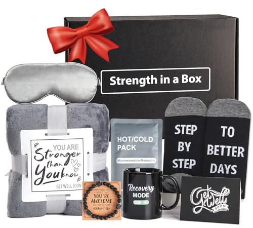 VLOMOT Get Well Soon Gift Basket for Men - Care Package with Plush Blanket, Mug, Socks, Eye Mask, Comfort Pack, Energy Bracelet & Get Well Card