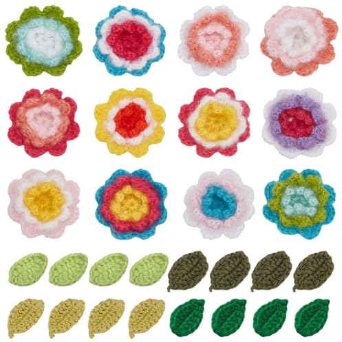FREEBLOSS 12 Stück Häkel Blumen Applikation, 24 Stück Häkel Blätter Applikation, Handgefertigte Gehäkelte Blumenverzierungen, Zum Aufnähen, Gehäkelte, Gestrickte