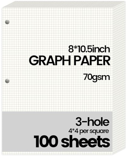 Koogel 100 Sheets Filler Paper, 8 x 10.5 Loose Leaf Filler Paper, 4 x 4 Graph Rule, 3-Hole Punched, for 3-Ring Binders, Engineering & Technical, Math and Physics Classes