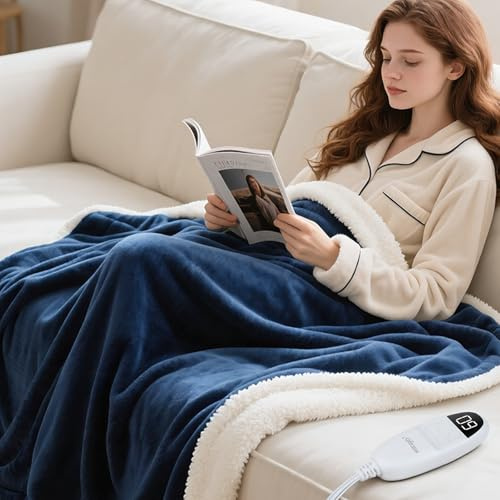 Olycism Electric Blanket 180x130cm Heated Blanket Heated Throw Blanket 9 Heat Levels & Up to 10 Hours Auto-Off Timer & LED Display Electric Throw Blanket Washable for Sofa Home Office Navy Blue