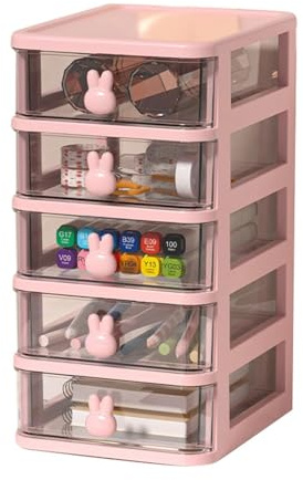 Boîte de Rangement 5 Tiroirs Transparents – Grande Capacité, Poignée Lapin, pour Organisation (ROSE)
