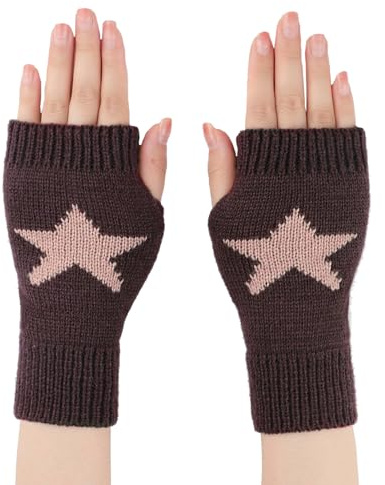 ASFWAGQ Fingerlösa handskar stjärna tryckta stickade varma handskar stickade vantar utomhus körning höst vinter för kvinnor män, kaffe, 20*8cm